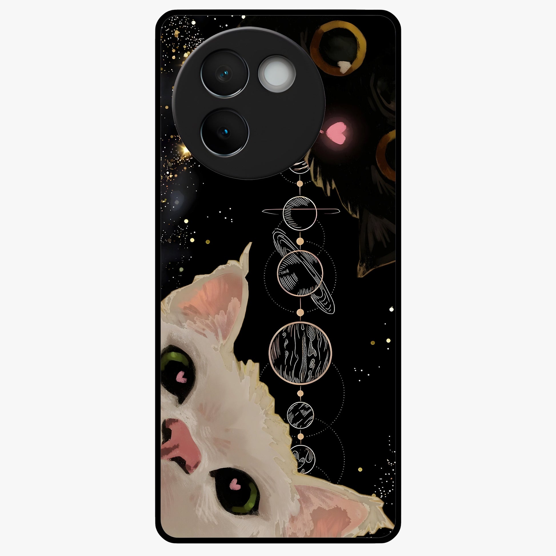 Galactic Cat Glass Case showing flat back view with cosmic cat artwork and glossy glass finish.