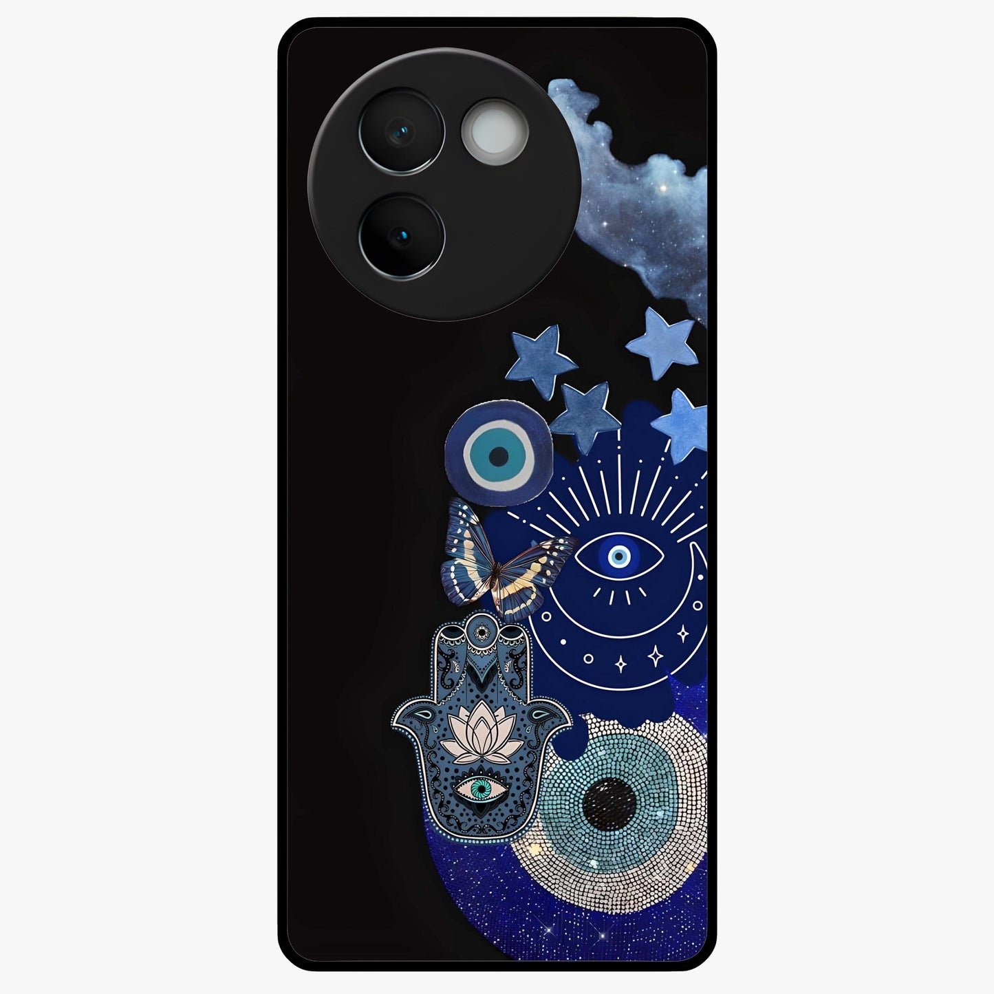 Galactic Charm Cluster Glass Case showing flat back view with glowing celestial charm artwork and glossy glass finish.