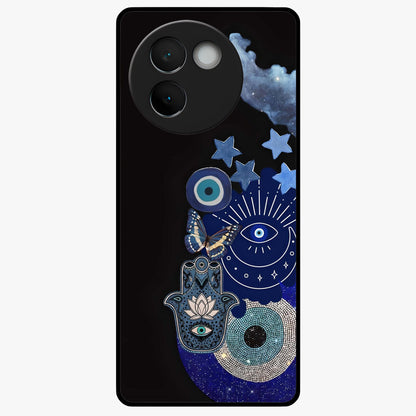 Galactic Charm Cluster Glass Case showing flat back view with glowing celestial charm artwork and glossy glass finish.
