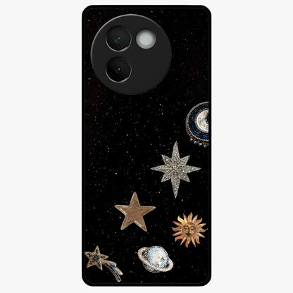 Galactic Charm Glow Glass Case showing flat back view with glowing celestial charm artwork and glossy glass finish.