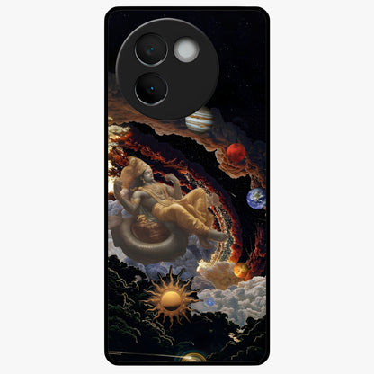 Galactic Divine God Glass Case showing flat back view with divine cosmic themed artwork and glossy glass finish.
