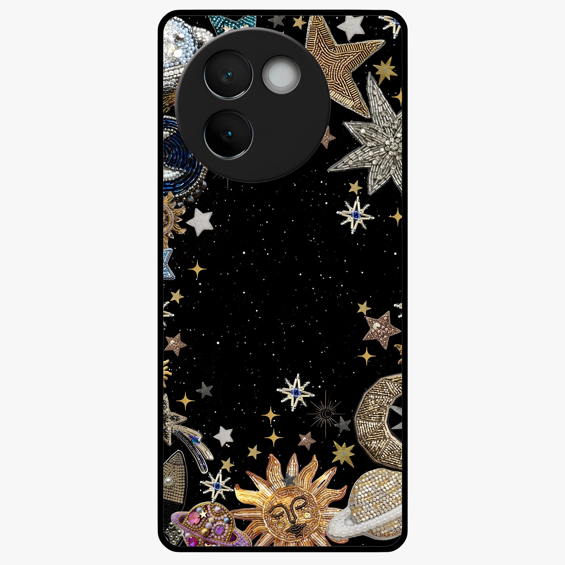 Galactic Jewel Stars Glass Case showing flat back view with sparkling star jewel artwork and glossy glass finish.