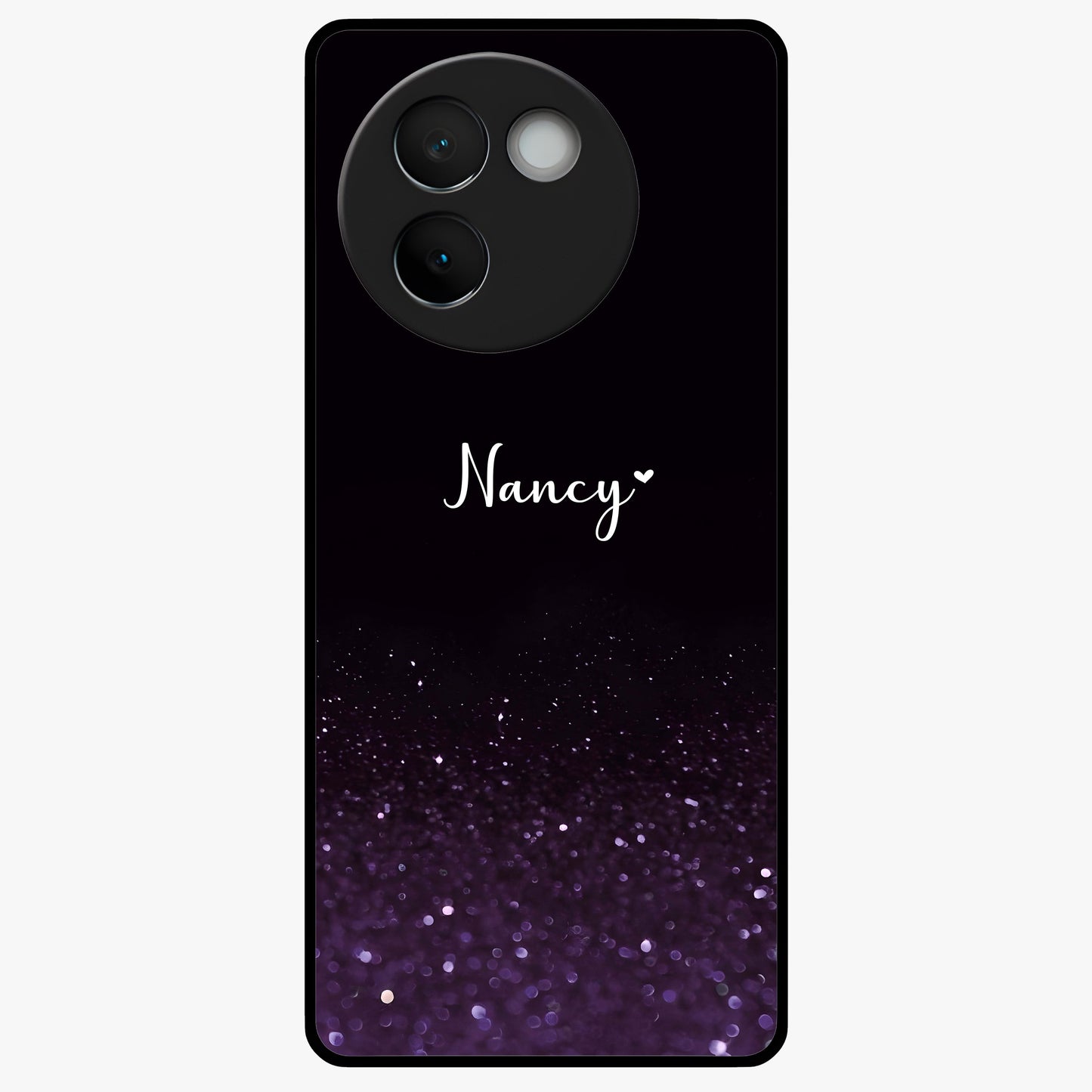 Glittery Purple Bokeh Custom Name Glass Case showing flat back view with purple bokeh sparkle artwork and personalized name design.