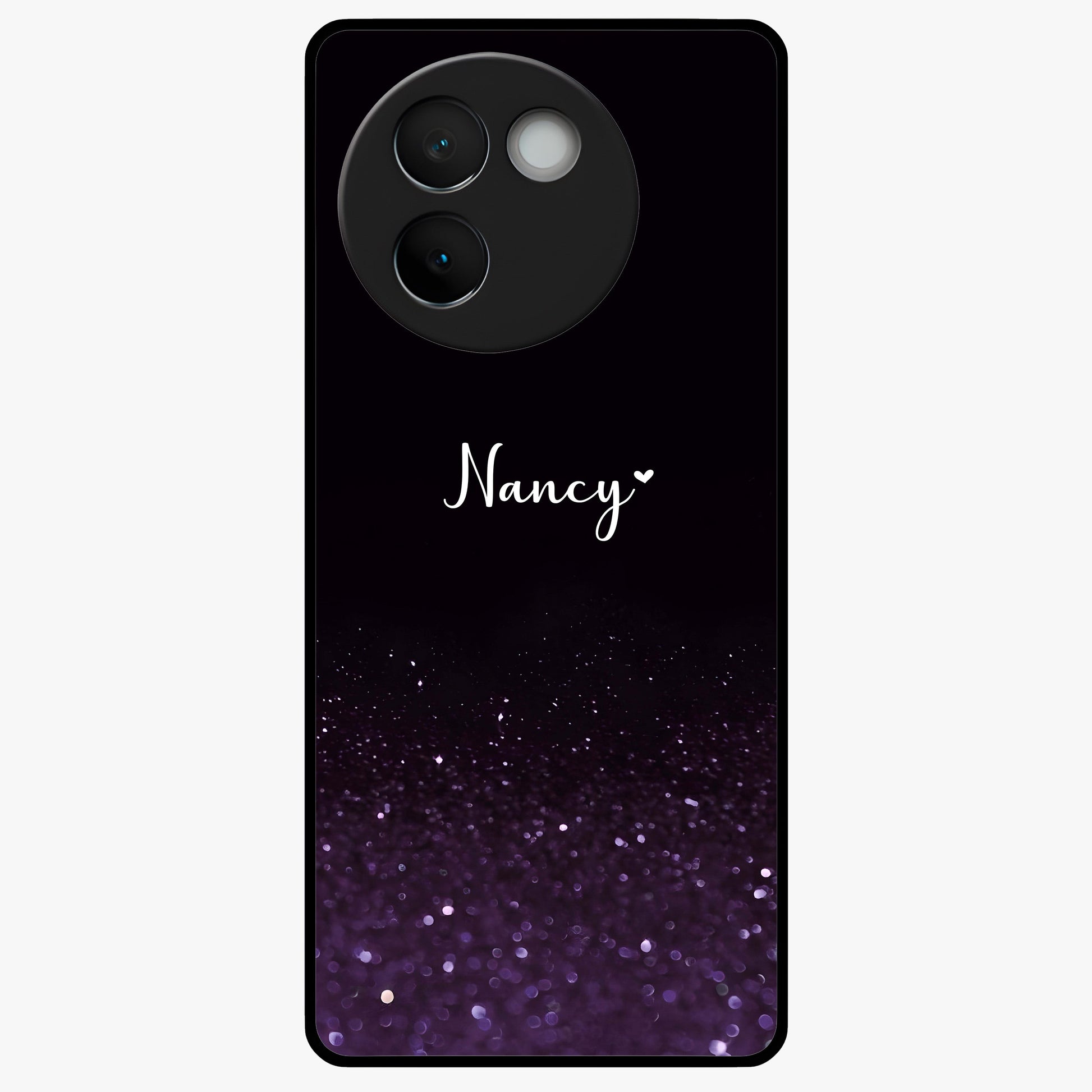 Glittery Purple Bokeh Custom Name Glass Case showing flat back view with purple bokeh sparkle artwork and personalized name design.