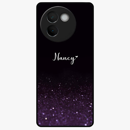 Glittery Purple Bokeh Custom Name Glass Case showing flat back view with purple bokeh sparkle artwork and personalized name design.