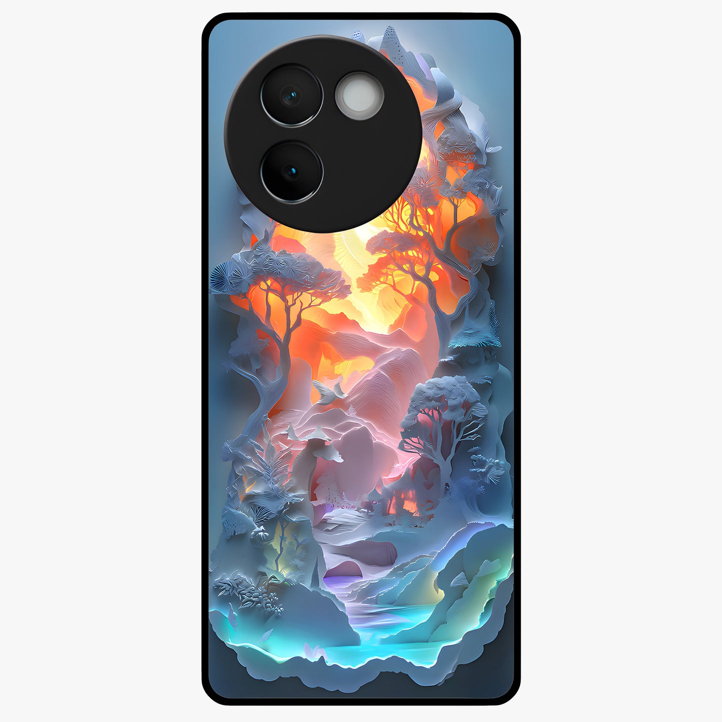 Glow Forest Portal Glass Case showing flat back view with glowing forest portal artwork and glossy glass finish.