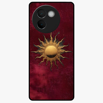 Gold Sun Blush Glass Case showing flat back view with golden sun inspired artwork and glossy glass finish.