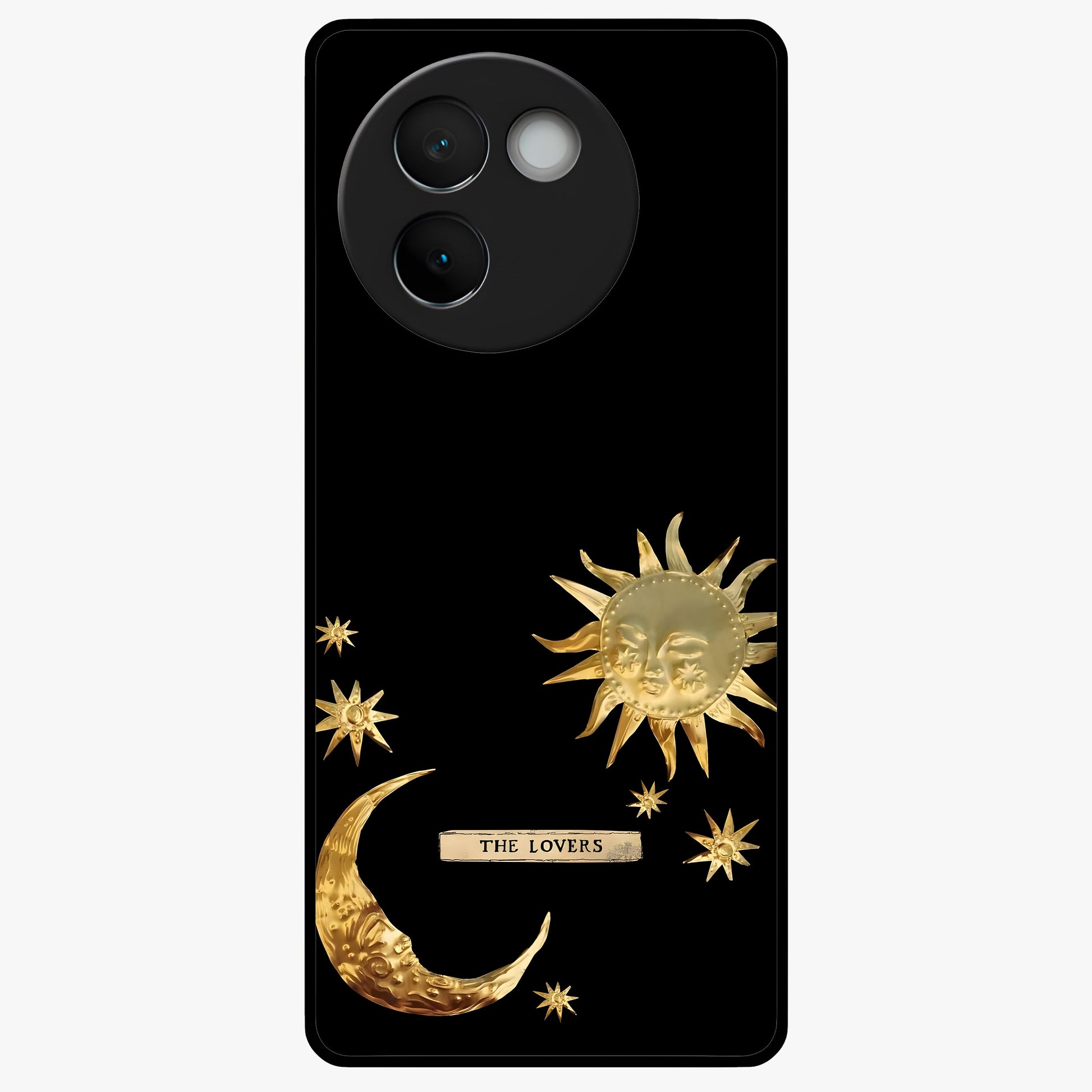 Golden Celestial Charm Glass Case showing flat back view with golden celestial charm artwork and glossy glass finish.