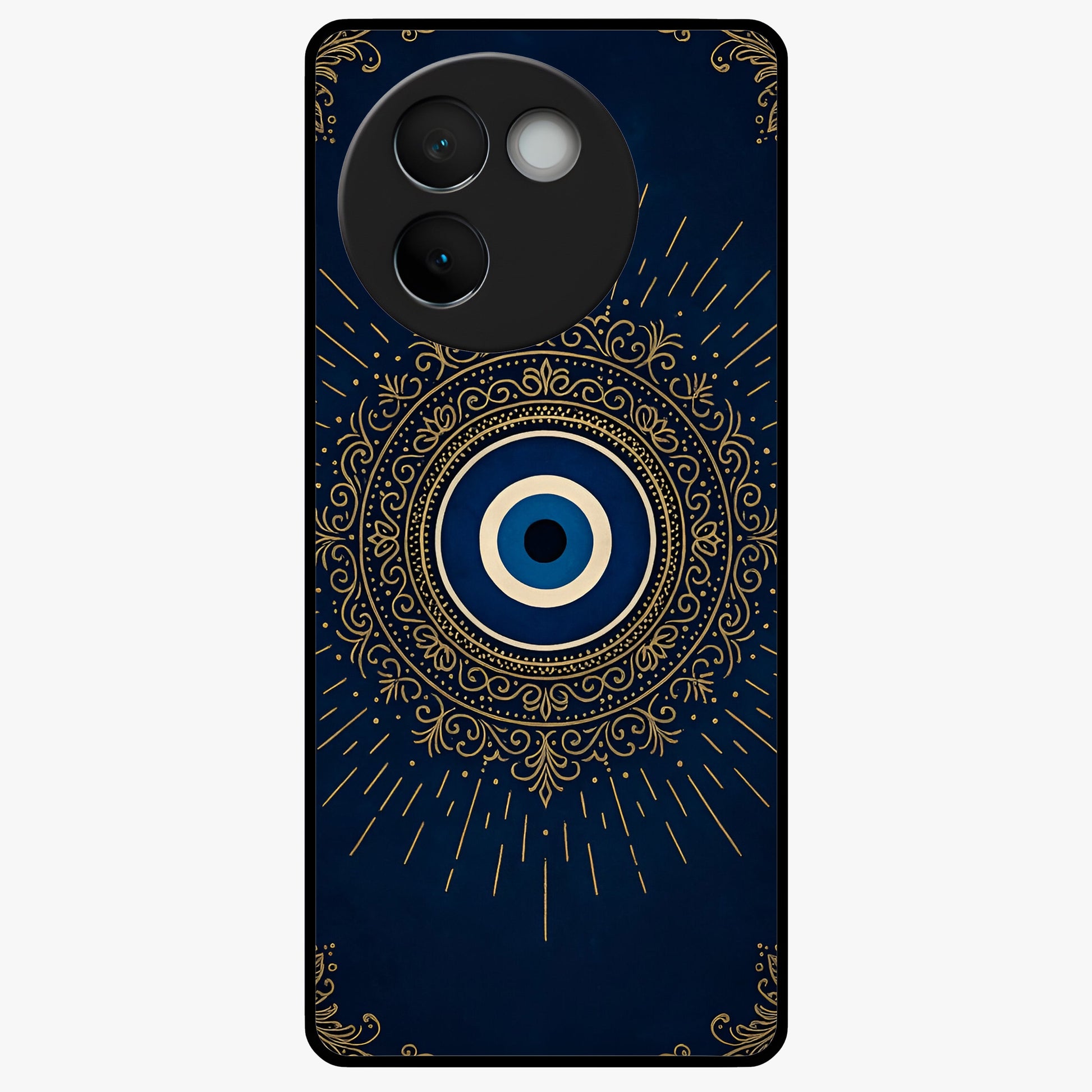 Golden Evil Eye Mandala Glass Case showing flat back view with intricate evil eye mandala artwork and glossy glass finish.
