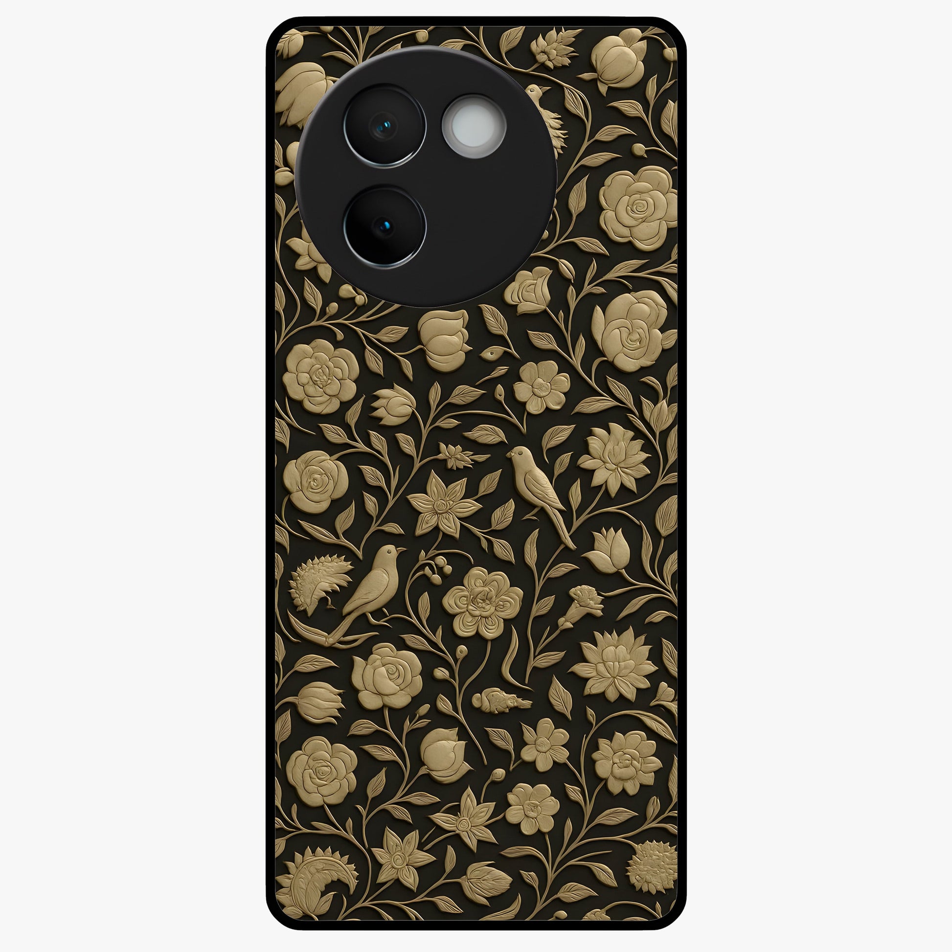 Golden Floral Majesty Glass Case showing flat back view with luxurious golden floral artwork and glossy glass finish.