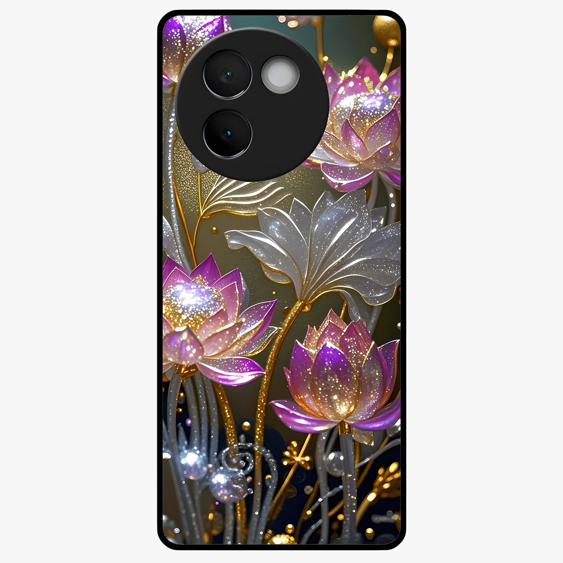 Golden Lotus Glow Glass Case showing flat back view with glowing lotus flower artwork and glossy glass finish.