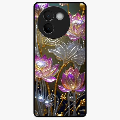 Golden Lotus Glow Glass Case showing flat back view with glowing lotus flower artwork and glossy glass finish.