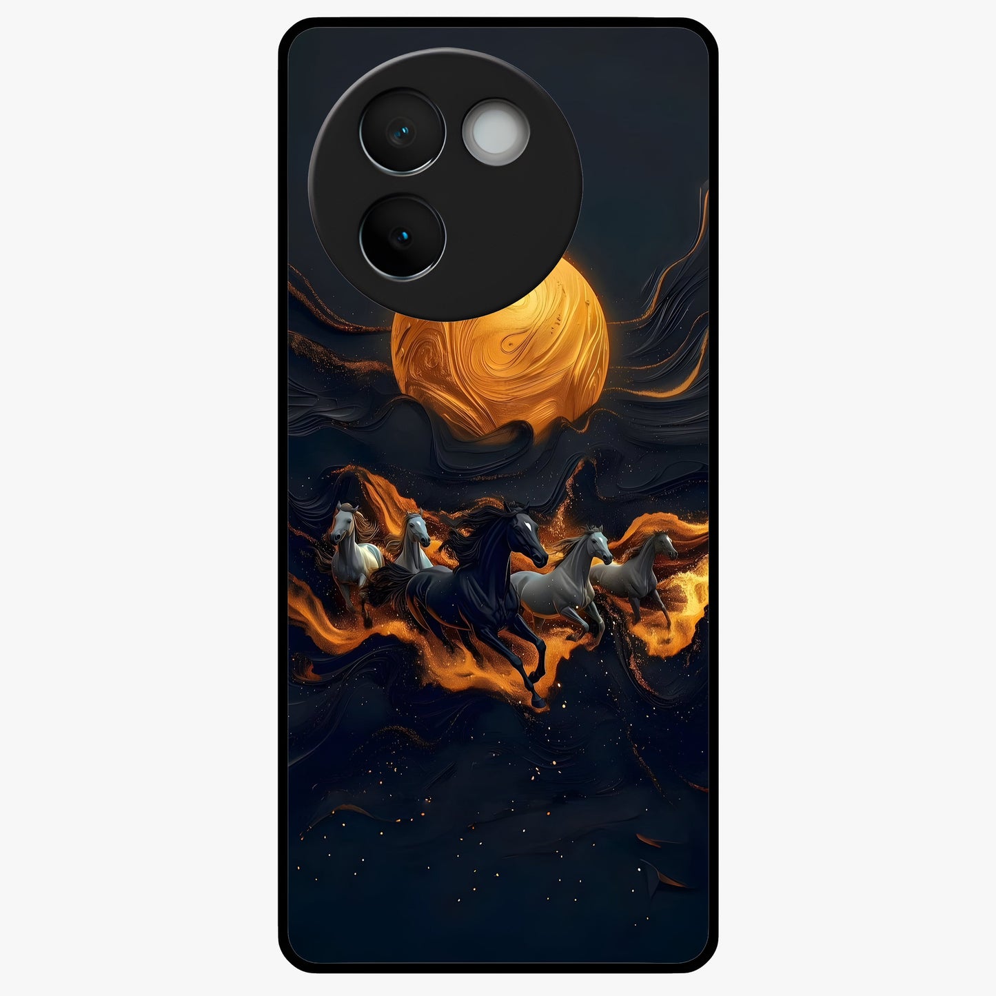 Golden Stallion Moonride Glass Case showing flat back view with majestic horse under moonlight artwork and glossy glass finish.