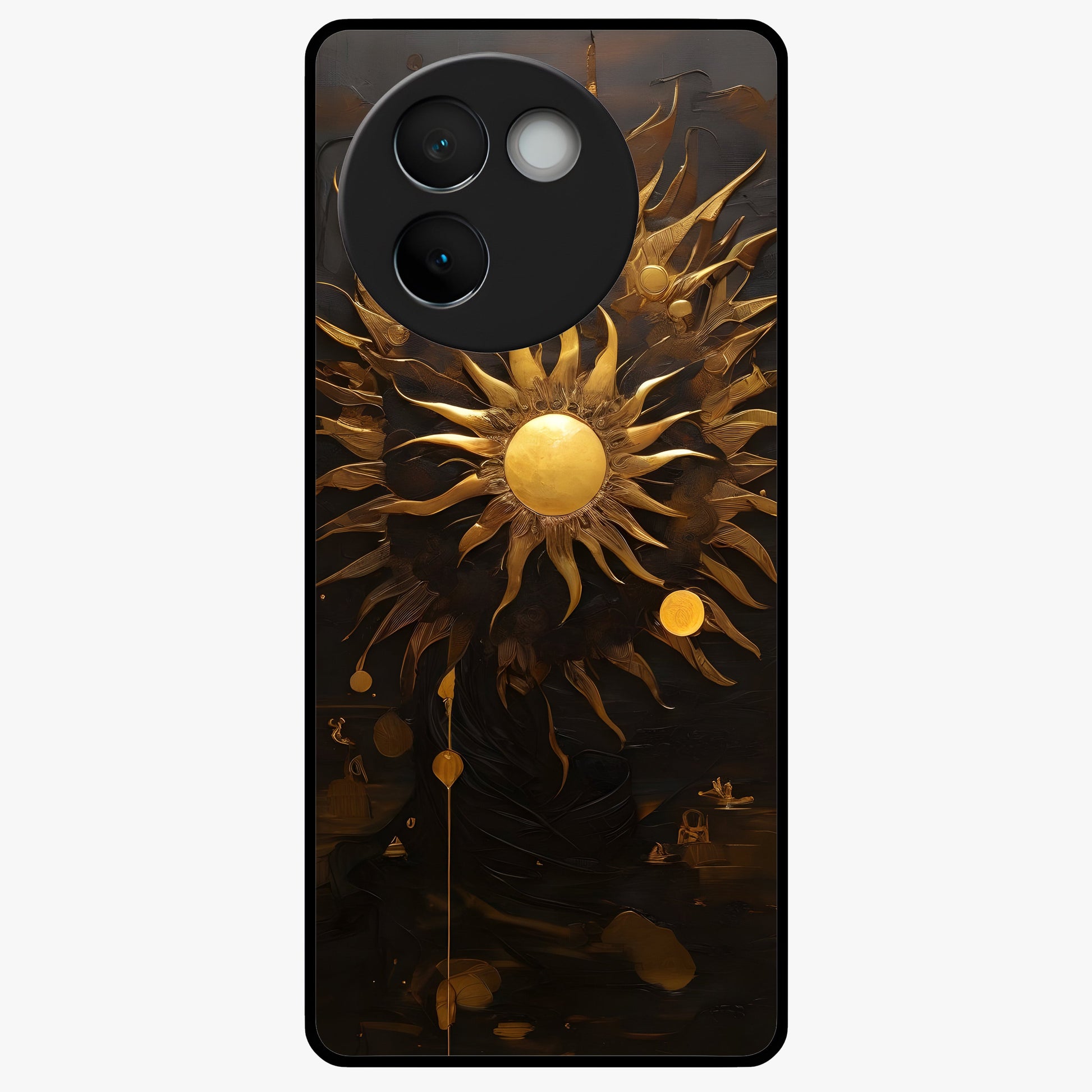 Golden Sun Majesty Glass Case showing flat back view with radiant golden sun artwork and glossy glass finish.