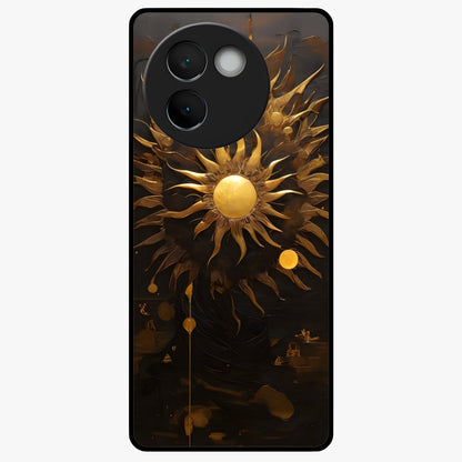 Golden Sun Majesty Glass Case showing flat back view with radiant golden sun artwork and glossy glass finish.