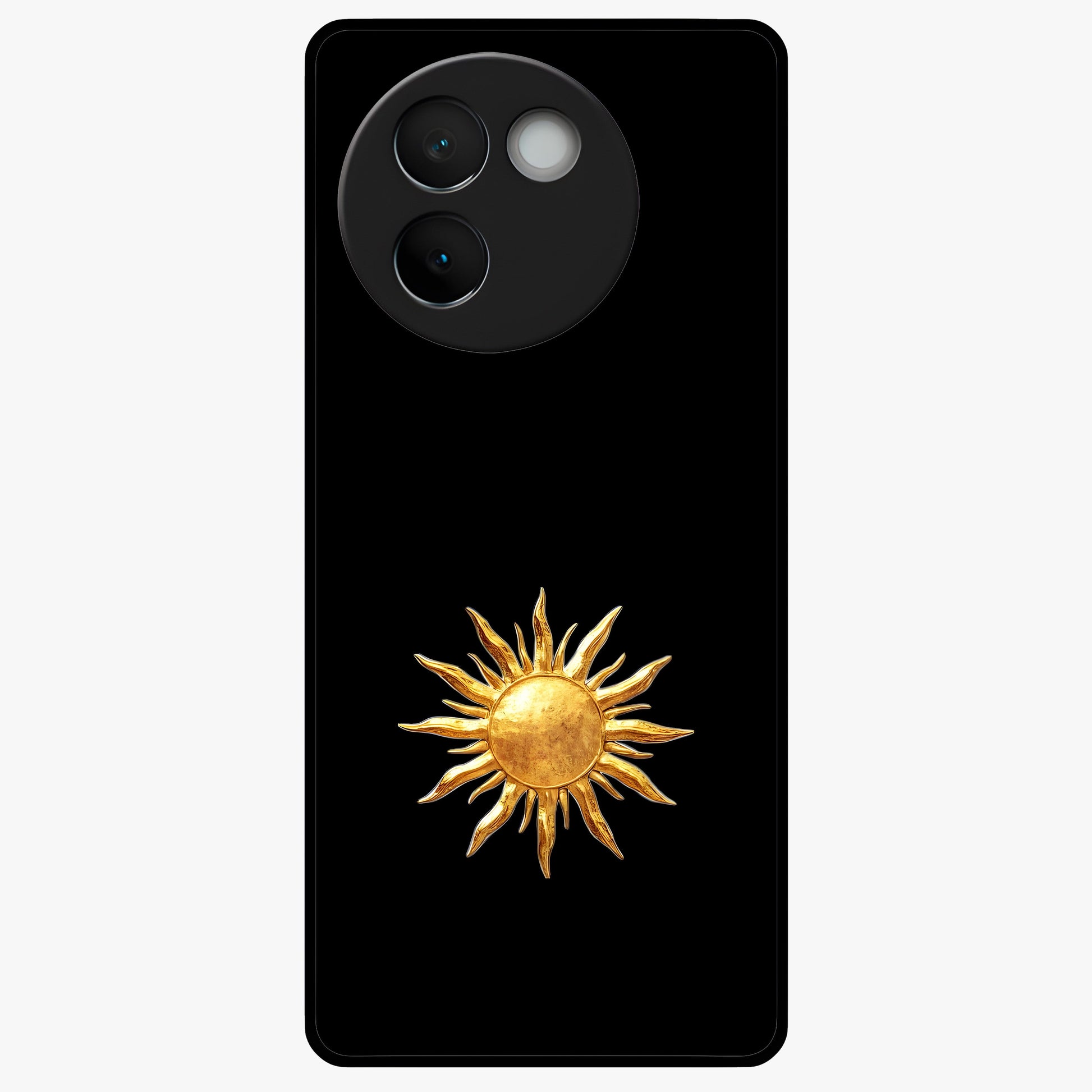 Golden Sun Minimalism Glass Case showing flat back view with minimal golden sun artwork and glossy glass finish.