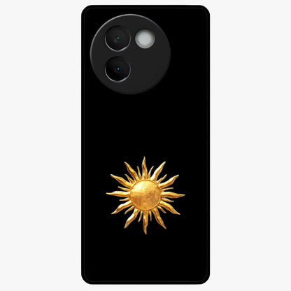 Golden Sun Minimalism Glass Case showing flat back view with minimal golden sun artwork and glossy glass finish.