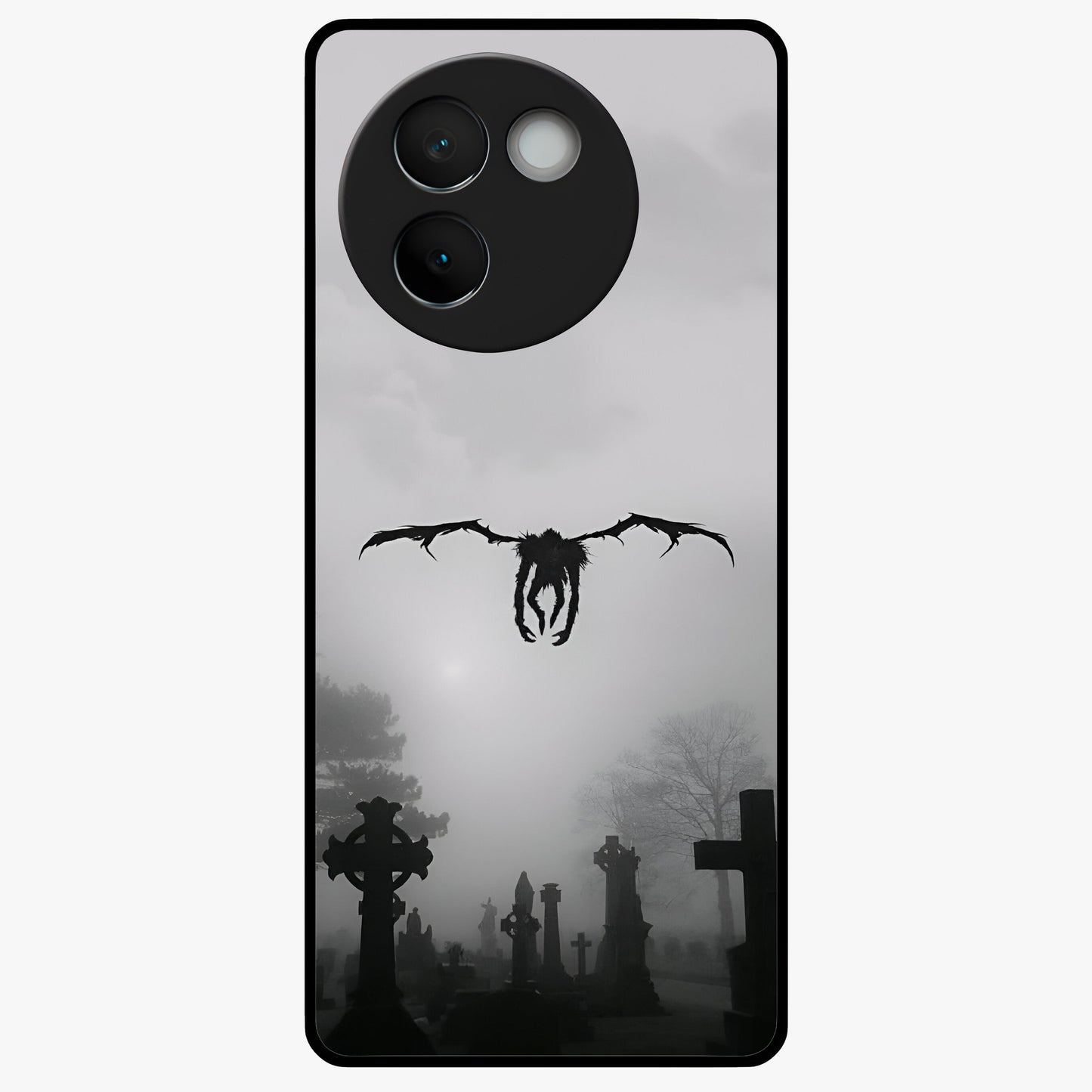 Graveyard Shadow Descent Glass Case showing flat back view with dark graveyard themed artwork and glossy glass finish.