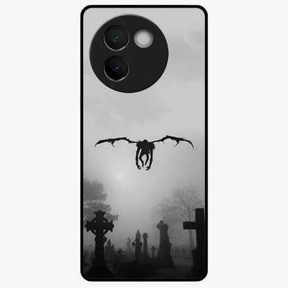 Graveyard Shadow Descent Glass Case showing flat back view with dark graveyard themed artwork and glossy glass finish.