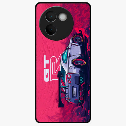 GT-R Car Pattern Glass Case showing flat back view with sporty car inspired pattern artwork and glossy glass finish.
