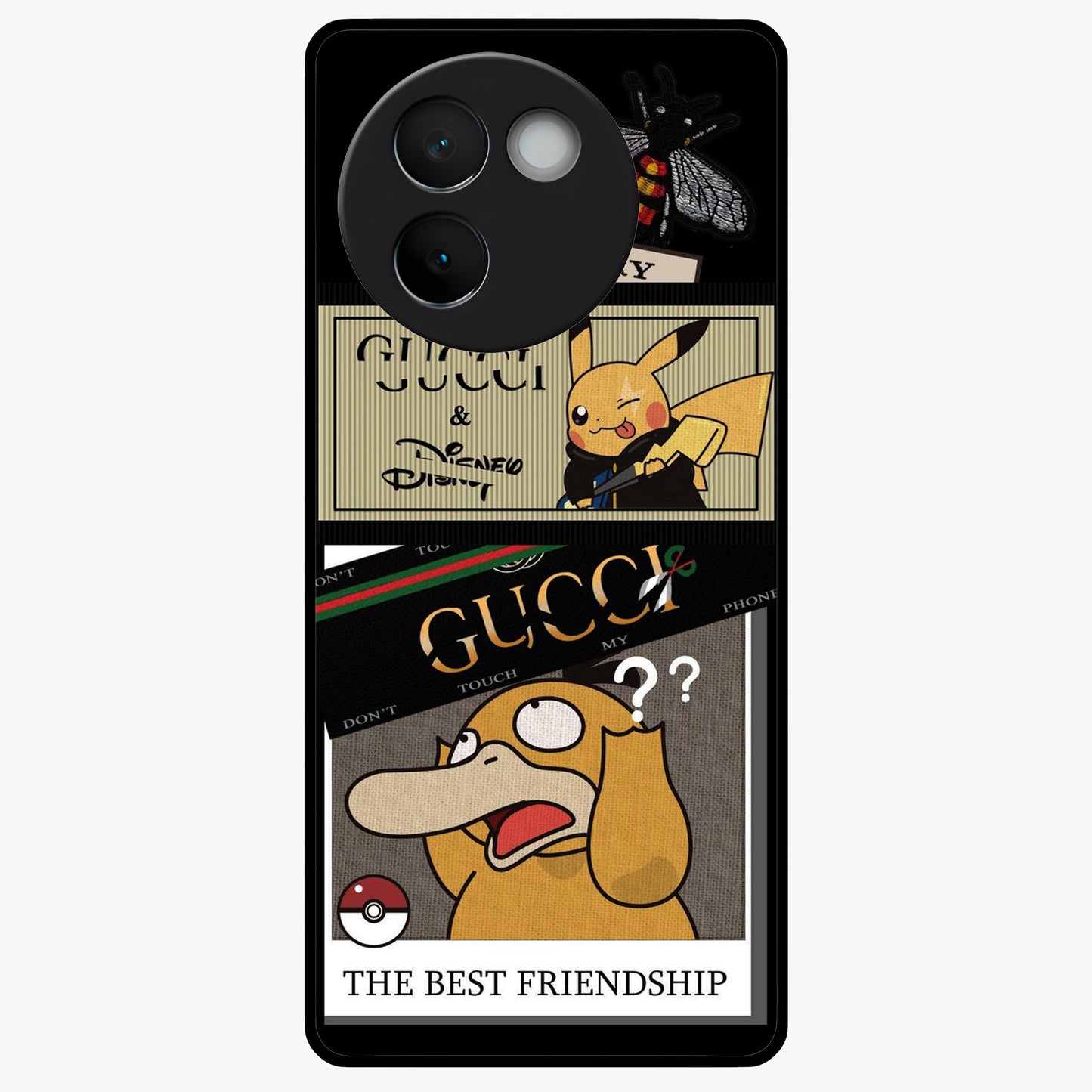 Gucci Play Mashup Glass Case showing flat back view with luxury inspired graphic artwork and glossy glass finish.