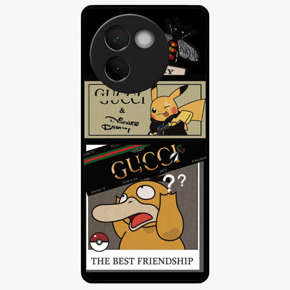 Gucci Play Mashup Glass Case showing flat back view with luxury inspired graphic artwork and glossy glass finish.