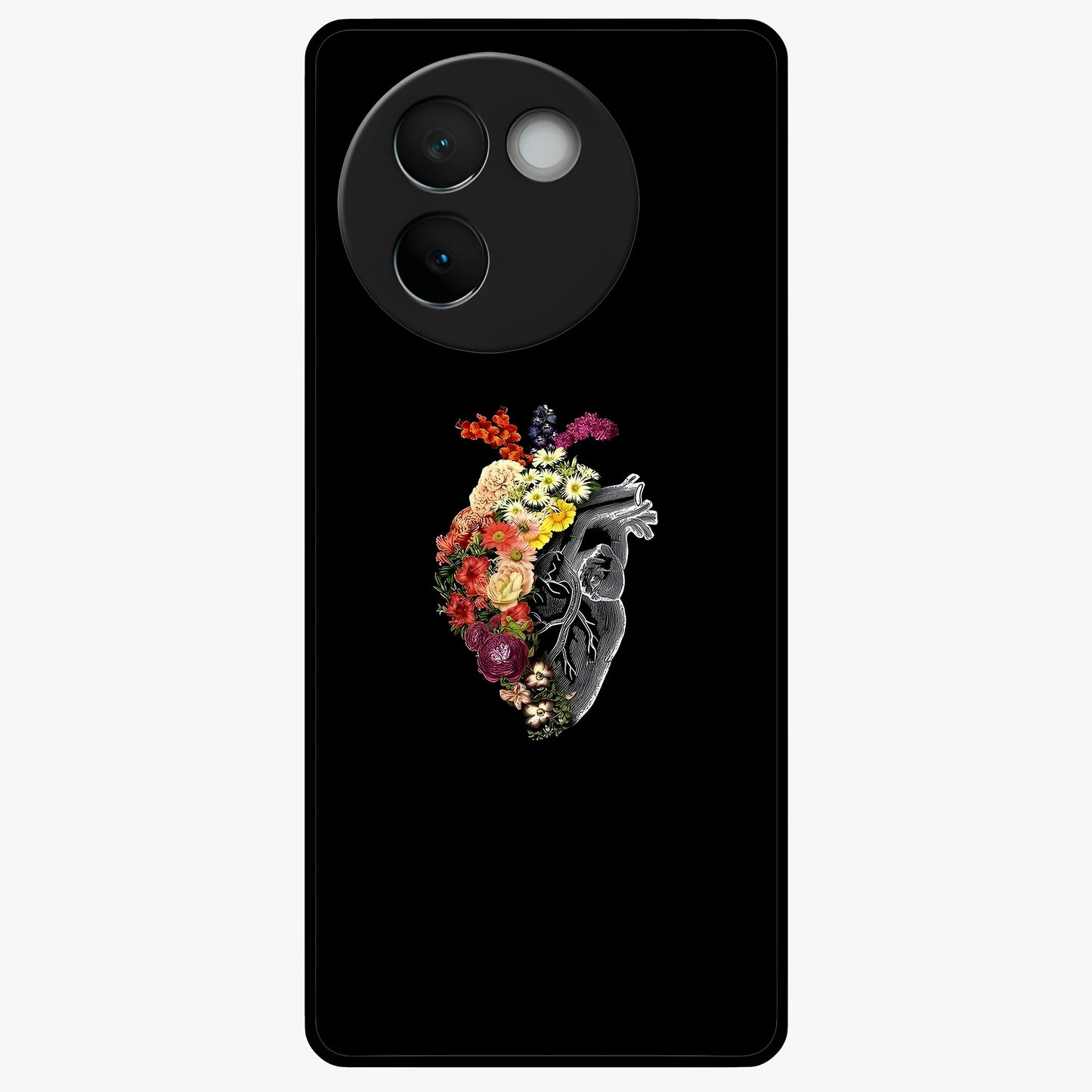 Heart With Flowers Glass Case showing flat back view with heart shaped floral artwork and glossy glass finish.