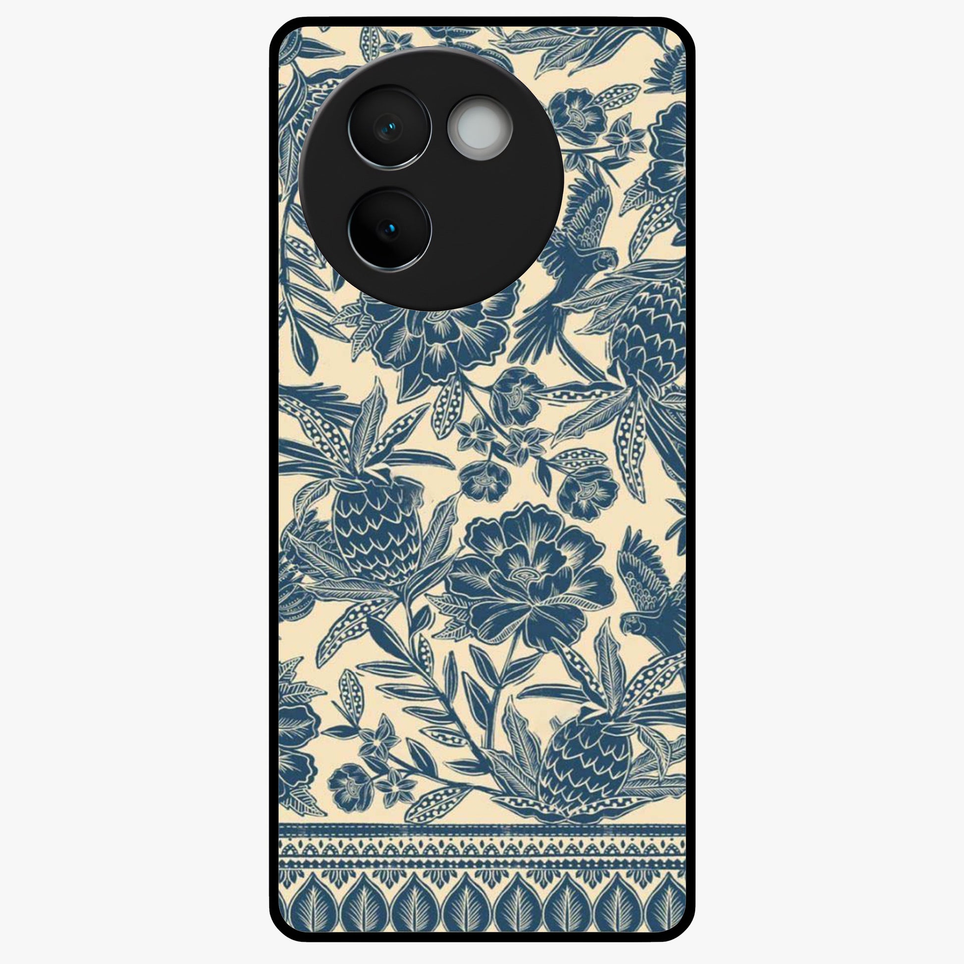 Heirloom Wild Bloom Glass Case showing flat back view with vintage inspired wild flower artwork and glossy glass finish.