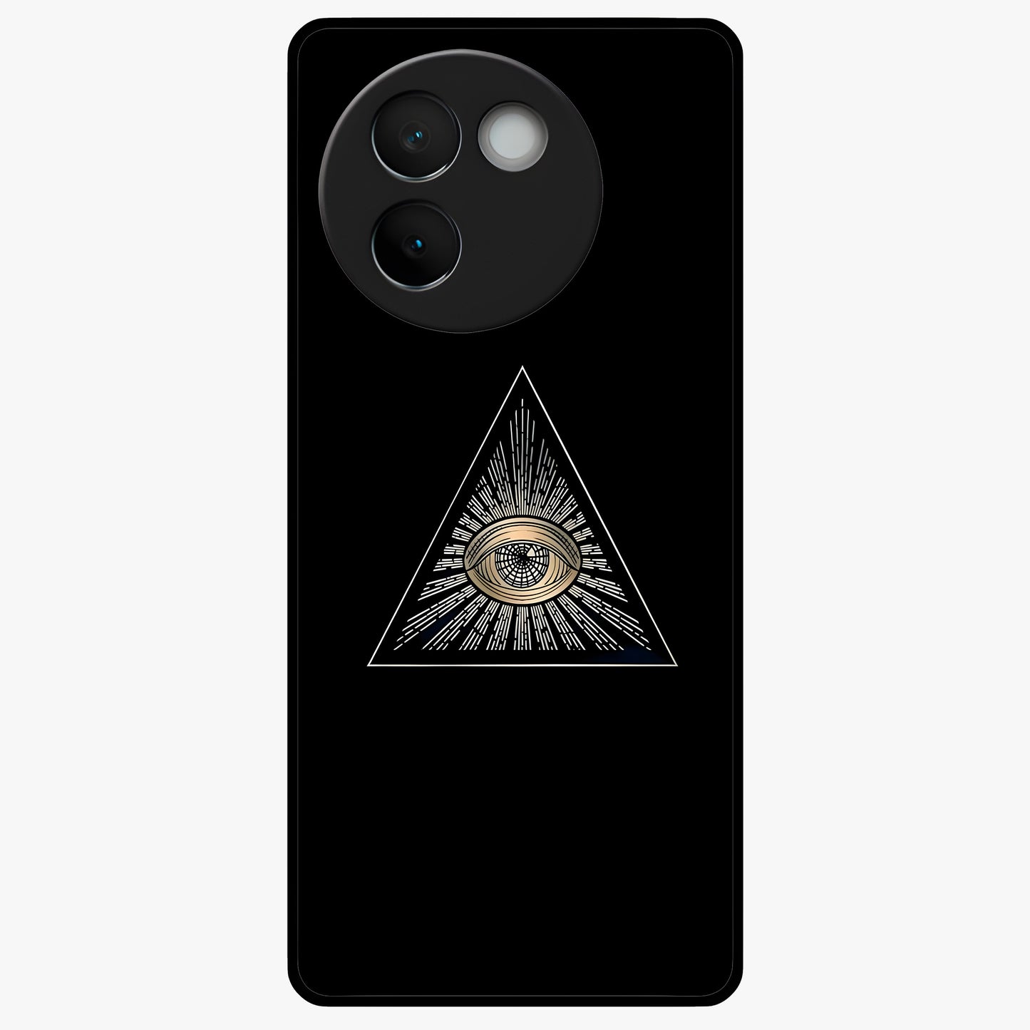 Illuminati Evil Glass Case showing flat back view with mysterious illuminati symbol artwork and glossy glass finish.