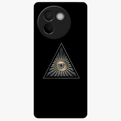 Illuminati Evil Glass Case showing flat back view with mysterious illuminati symbol artwork and glossy glass finish.