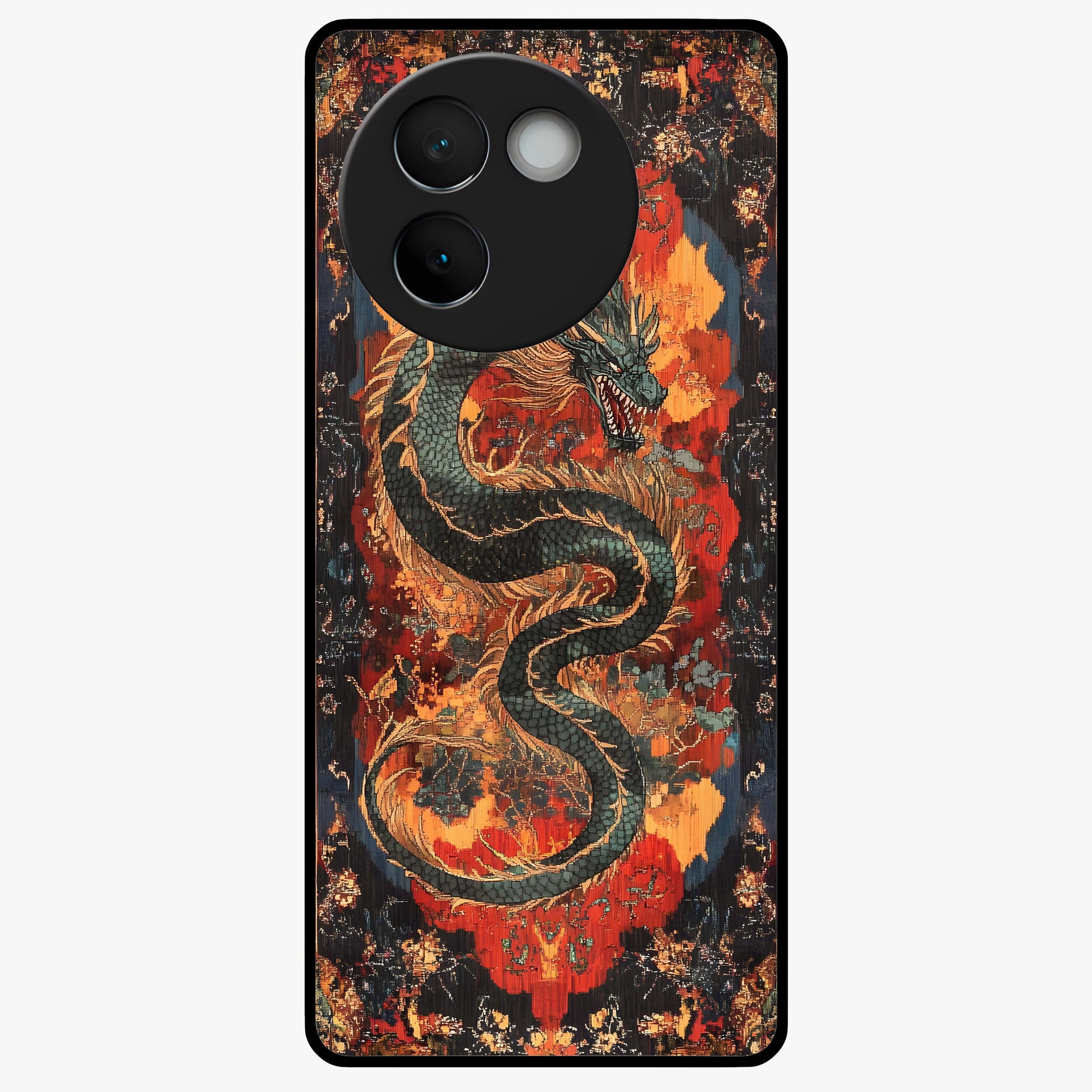 Inferno Dragon Soul Glass Case showing flat back view with fiery dragon artwork and glossy glass finish.