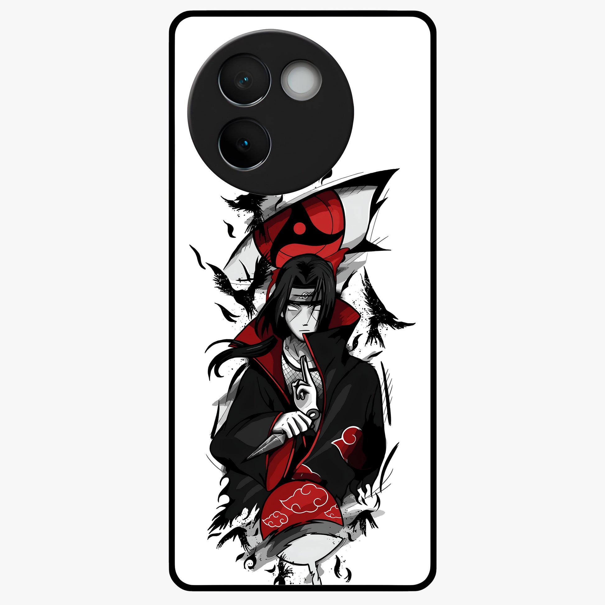 Itachi Sharingan Glass Case showing flat back view with powerful anime eye artwork and glossy glass finish.