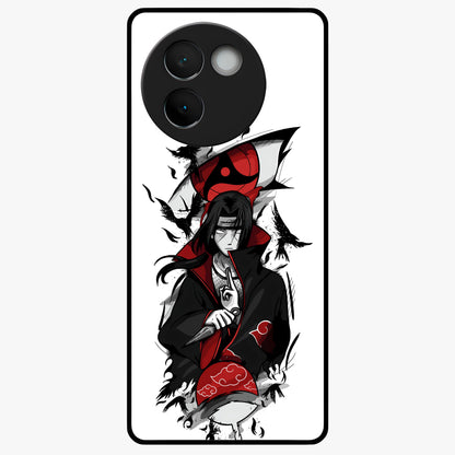 Itachi Sharingan Glass Case showing flat back view with powerful anime eye artwork and glossy glass finish.