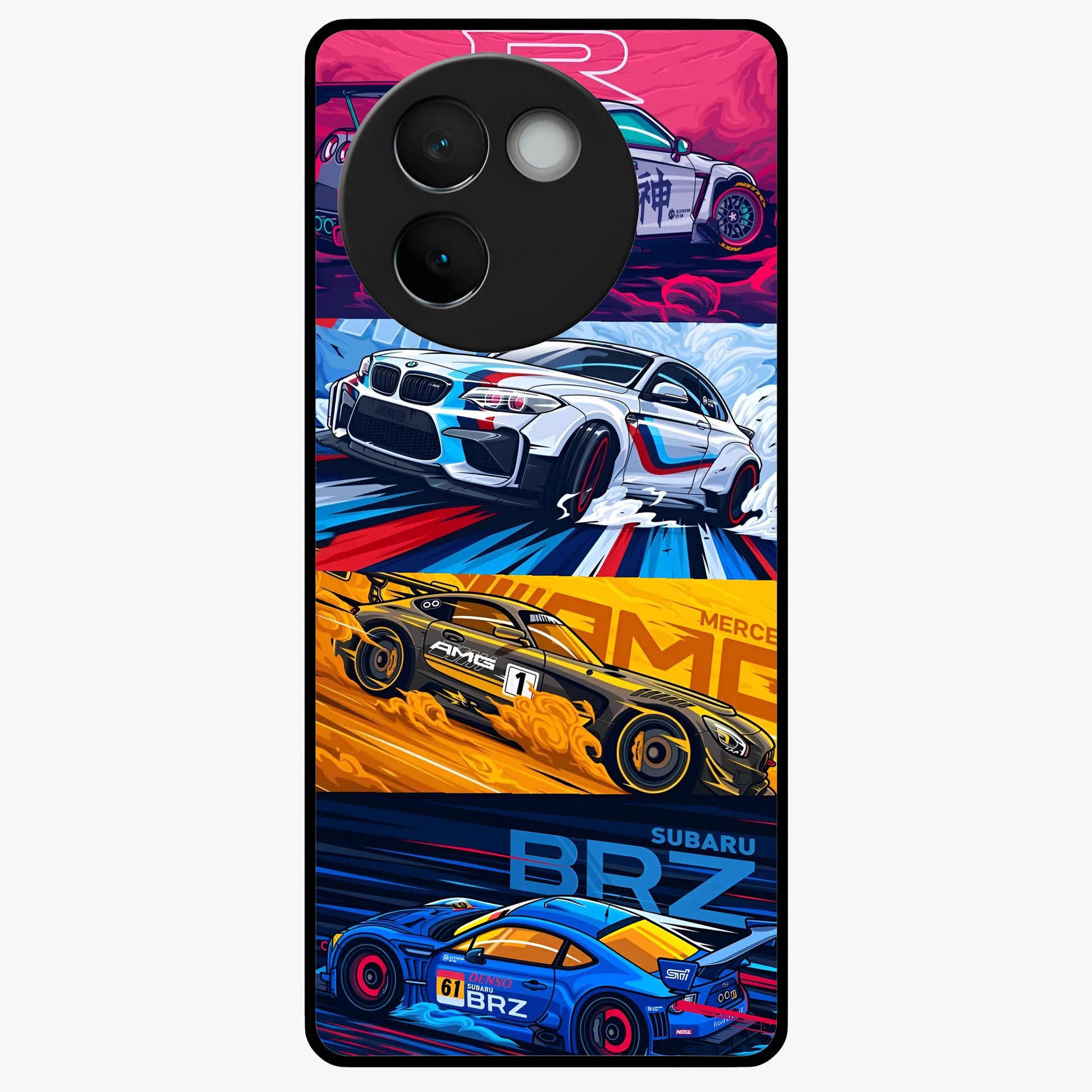 JDM Sports Car Glass Case showing flat back view with high performance sports car artwork and glossy glass finish.