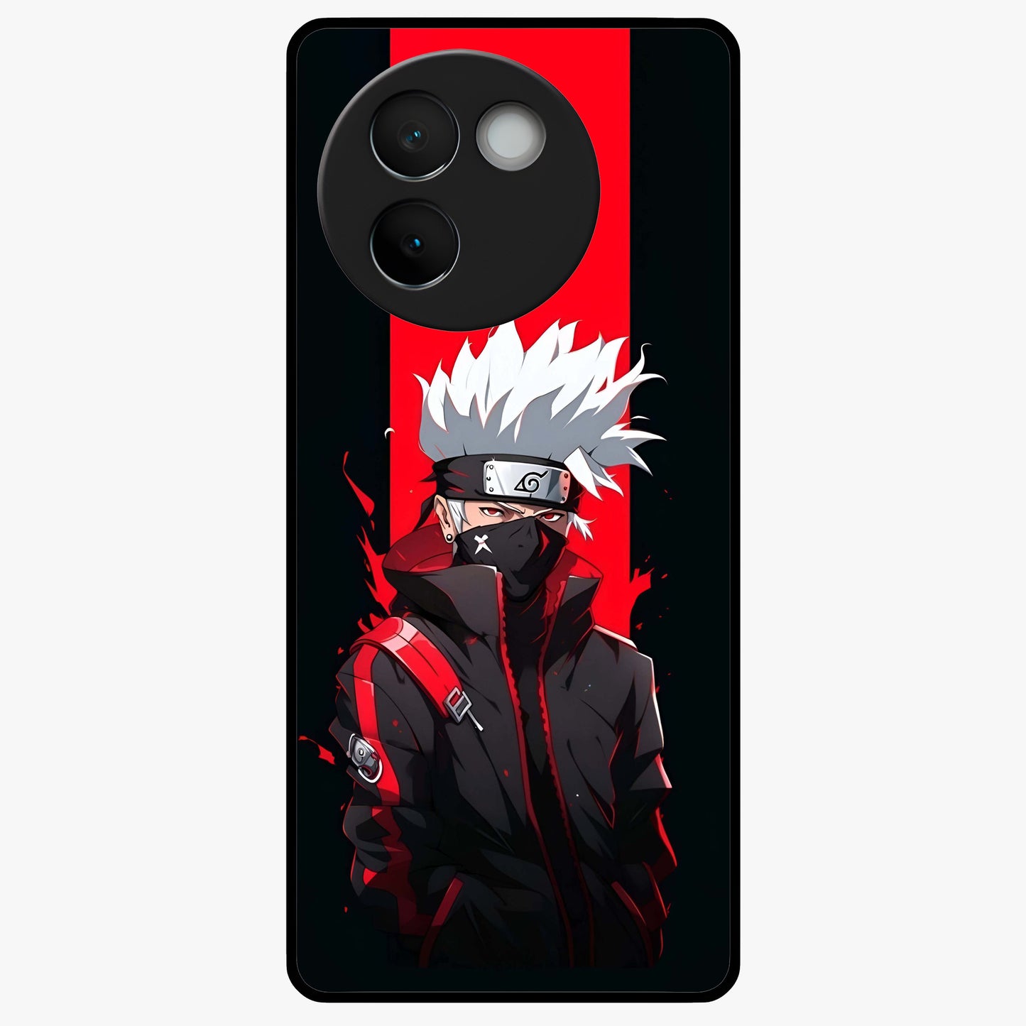 Kakashi Scarlet Shadow Glass Case showing flat back view with powerful anime ninja artwork and glossy glass finish.