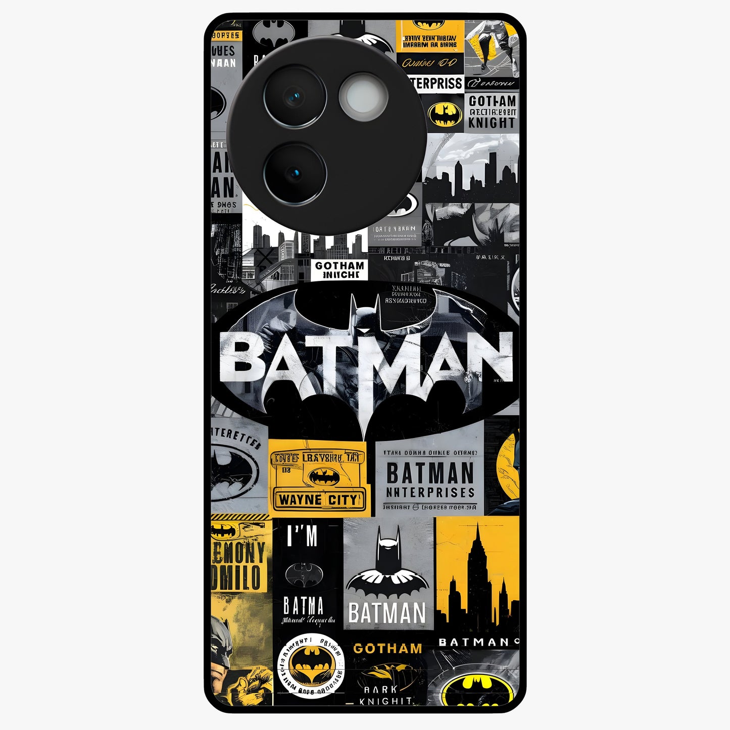 Knight Gotham Rise Glass Case showing flat back view with dark hero inspired artwork and glossy glass finish.
