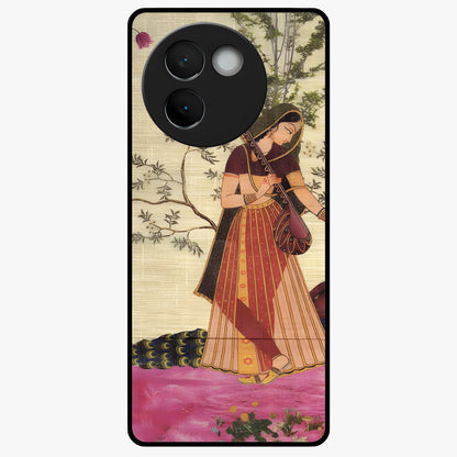 Lady With Veena Art Glass Case showing flat back view with elegant woman playing veena artwork and glossy glass finish.