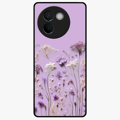 Lavender Blossom Dream Glass Case showing flat back view with soft lavender floral artwork and glossy glass finish.