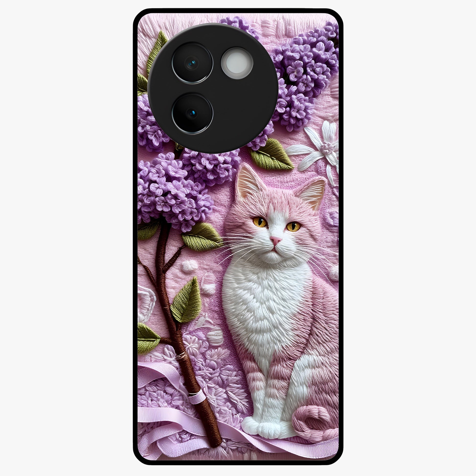 Lavender Cat Whimsy Glass Case showing flat back view with cute lavender cat artwork and glossy glass finish.