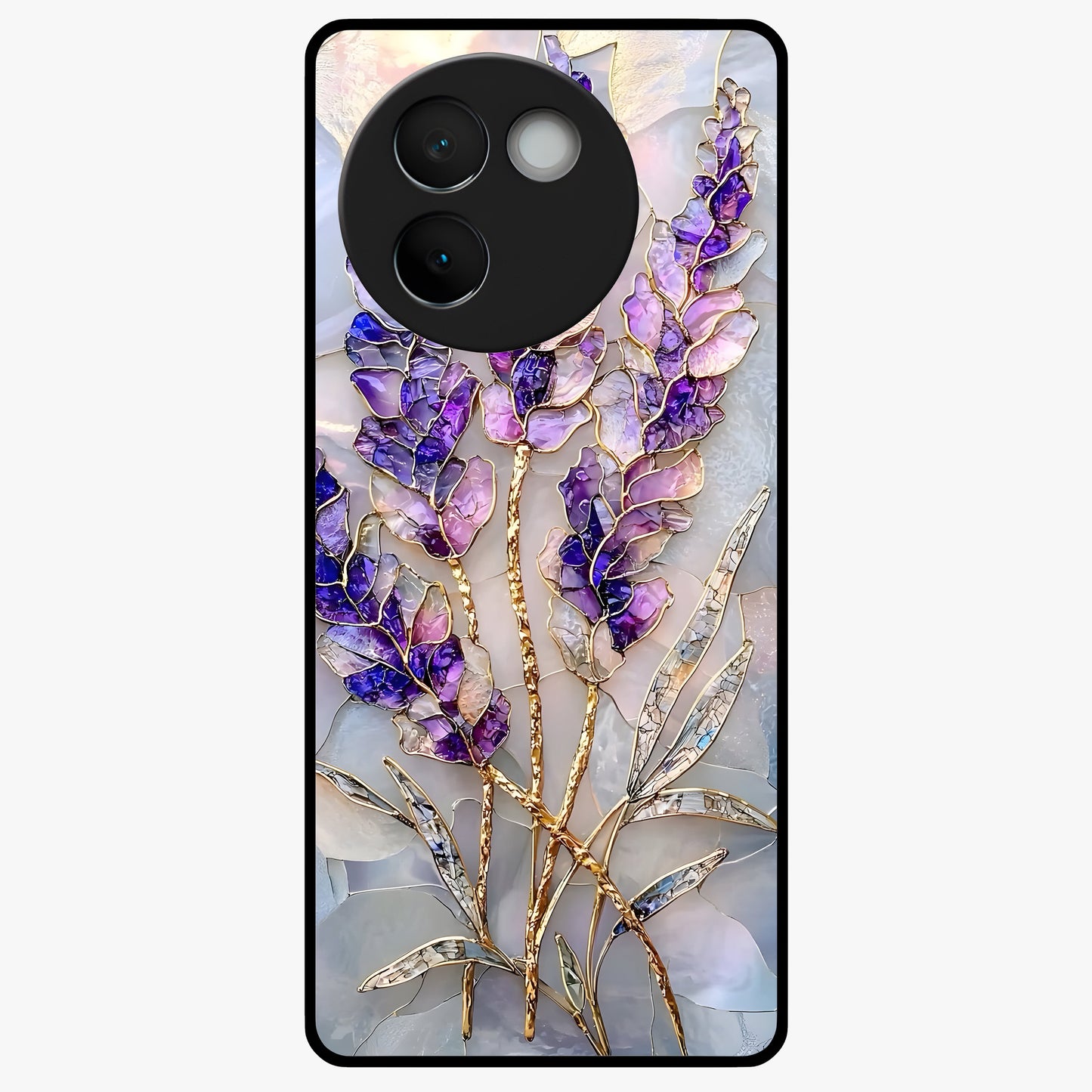 Lavender Dream Glow Glass Case showing flat back view with glowing lavender aesthetic artwork and glossy glass finish.