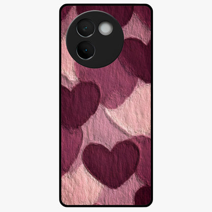 Layered Paper Hearts Glass Case showing flat back view with layered paper heart artwork and glossy glass finish.