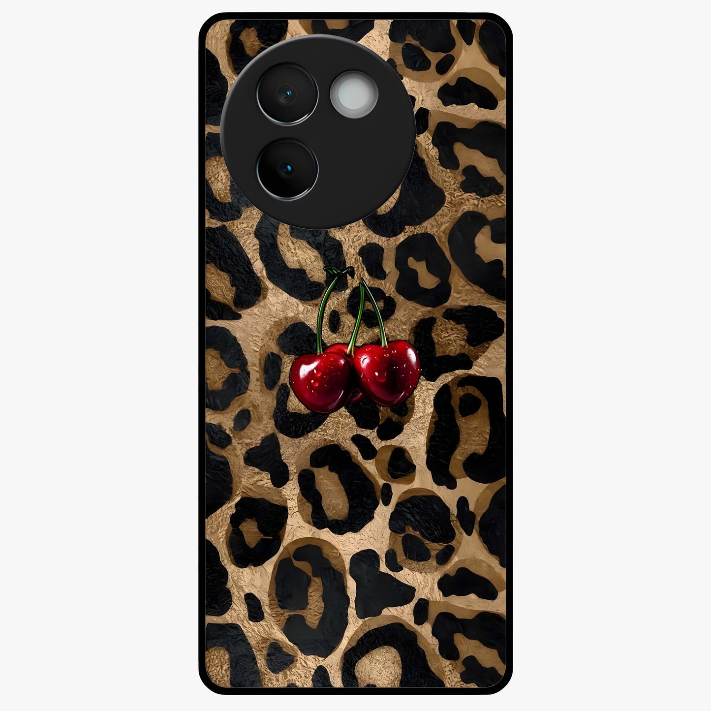 Leopard Wild Cherry Glass Case showing flat back view with leopard pattern and cherry artwork and glossy glass finish.
