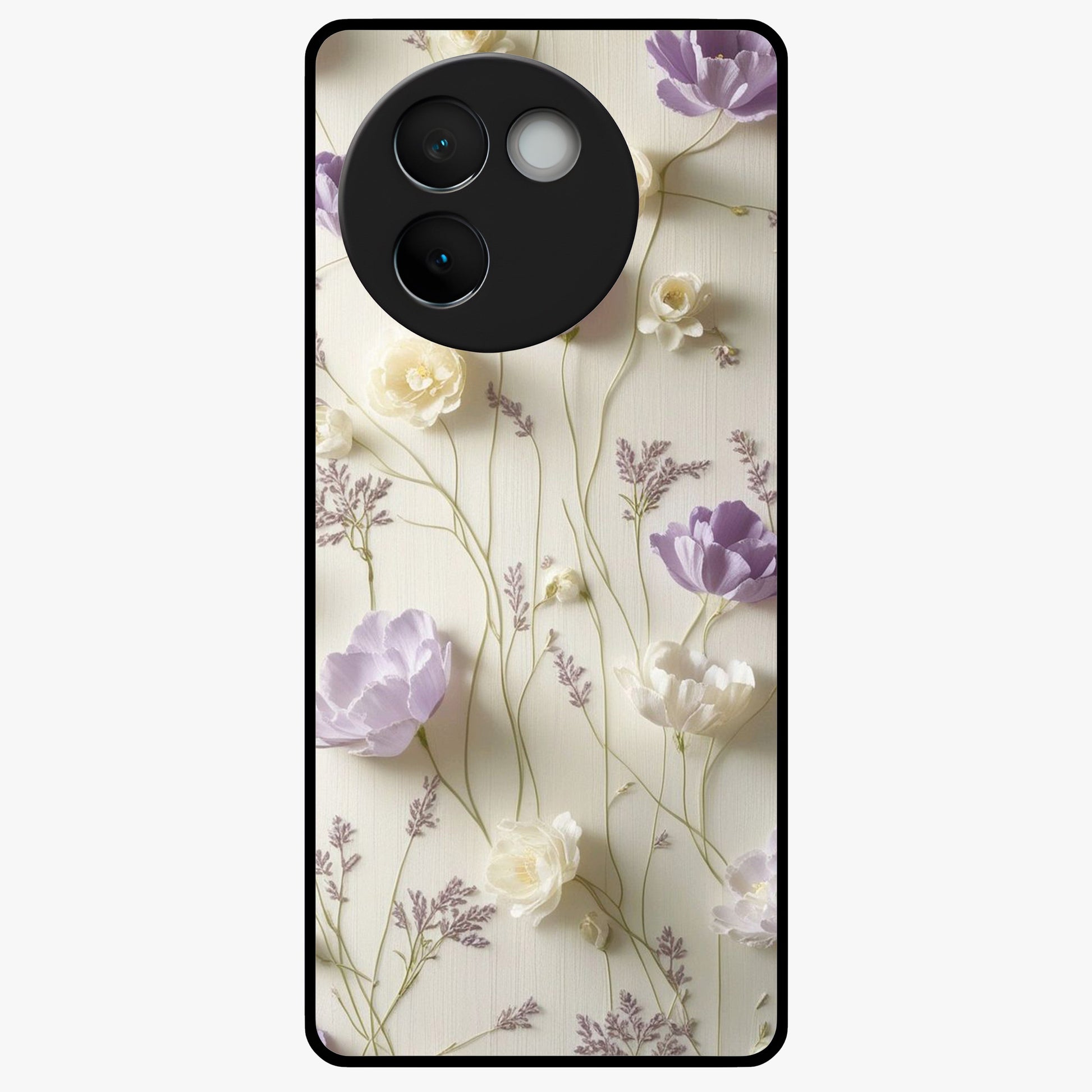 Lilac Breeze Harmony Glass Case showing flat back view with soft lilac themed artwork and glossy glass finish.