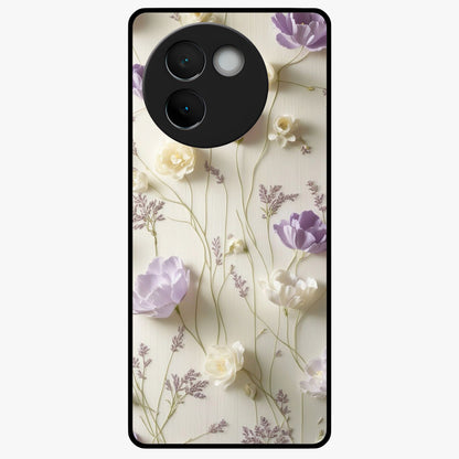 Lilac Breeze Harmony Glass Case showing flat back view with soft lilac themed artwork and glossy glass finish.