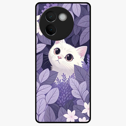 Lilac Hide Peek Cat Glass Case showing flat back view with cute peeking cat artwork and glossy glass finish.