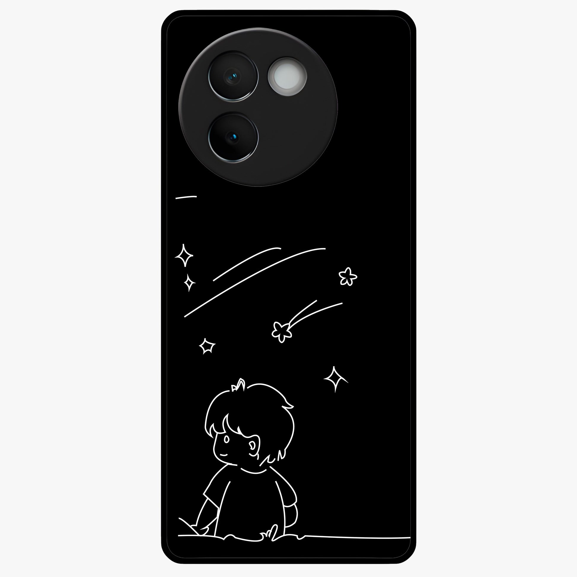 Line Art Boy With Shooting Stars Glass Case showing flat back view with minimal line art boy and shooting stars illustration and glossy glass finish.