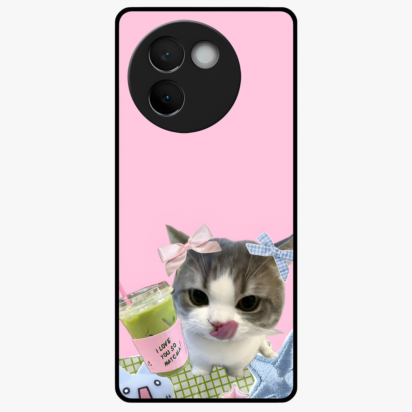 Love Matcha Cat Glass Case showing flat back view with cute cat and matcha themed artwork and glossy glass finish.
