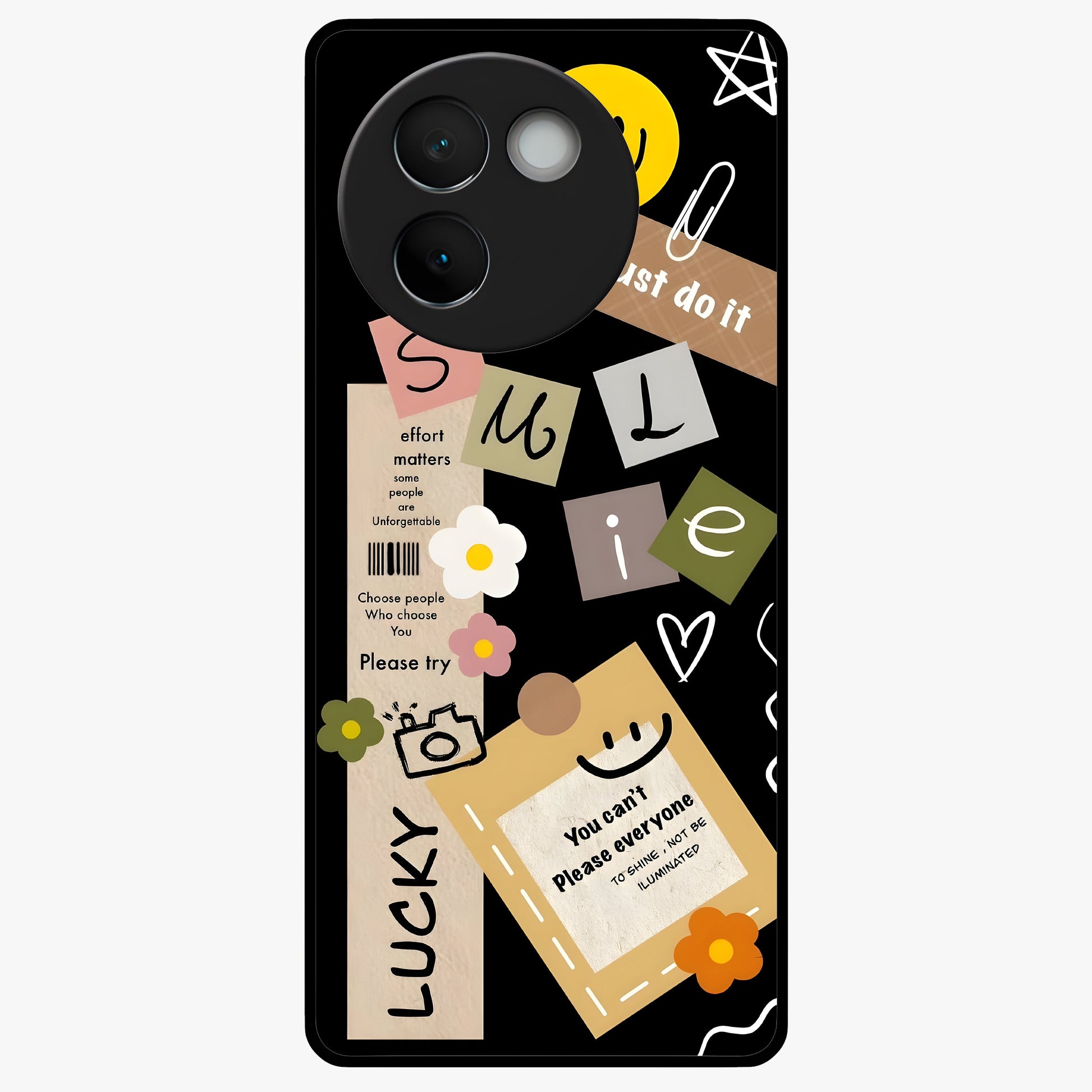 Lucky Aesthetic Collage Glass Case showing flat back view with trendy aesthetic collage artwork and glossy glass finish.