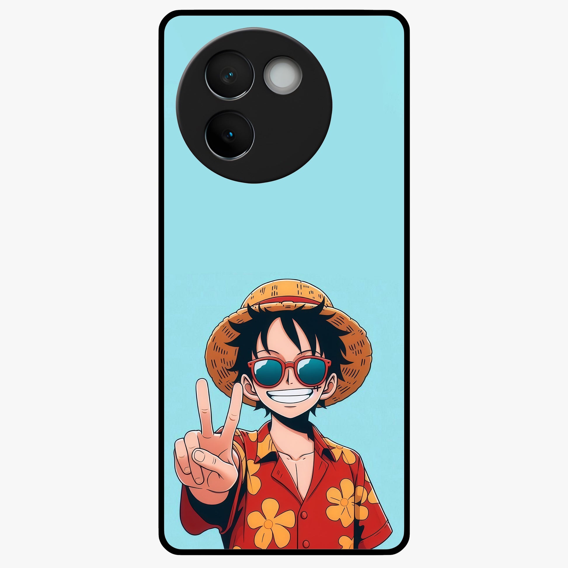 Luffy Summer Anime Vibe Glass Case showing flat back view with vibrant anime character artwork and glossy glass finish.