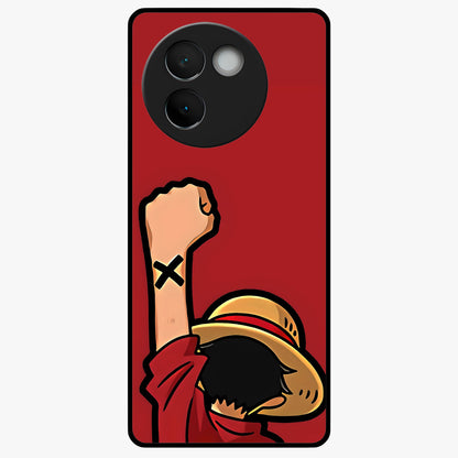 Luffy X Spirit Glass Case showing flat back view with bold anime character artwork and glossy glass finish.